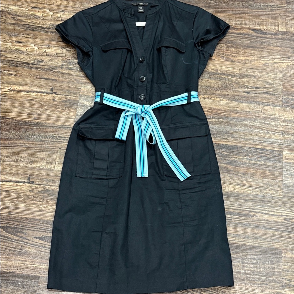 H&M Black Midi Shirt Dress with Turquoise Striped Belt